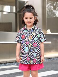 SHEIN Áo sơ mi bé gái Nút phía trước Hoa Sọc ca rô Boho - Nhiều màu - Xem 3