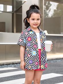 SHEIN Áo sơ mi bé gái Nút phía trước Hoa Sọc ca rô Boho - Nhiều màu - Xem 4