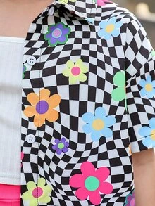 SHEIN Áo sơ mi bé gái Nút phía trước Hoa Sọc ca rô Boho - Nhiều màu - Xem 6