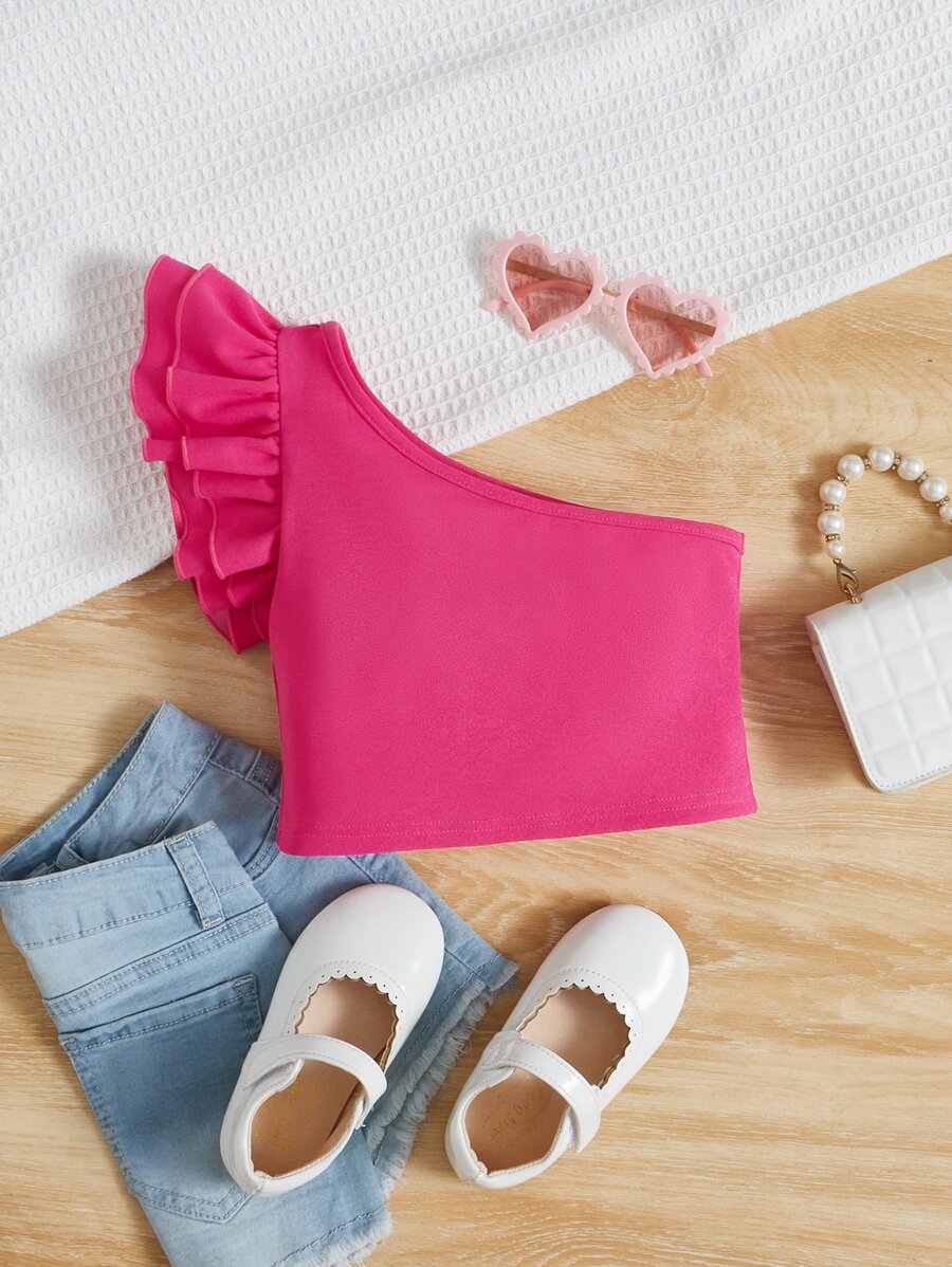 SHEIN Young Girl's Oblique Shoulder Double Layer Ruched Ruffle Sleeve Urban Style T-Shirt - Hot Pink - View 1