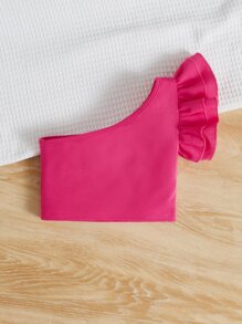 SHEIN Young Girl's Oblique Shoulder Double Layer Ruched Ruffle Sleeve Urban Style T-Shirt - Hot Pink - View 2