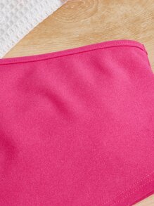 SHEIN Young Girl's Oblique Shoulder Double Layer Ruched Ruffle Sleeve Urban Style T-Shirt - Hot Pink - View 3