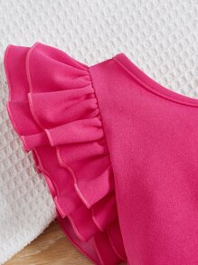 SHEIN Young Girl's Oblique Shoulder Double Layer Ruched Ruffle Sleeve Urban Style T-Shirt - Hot Pink - View 4