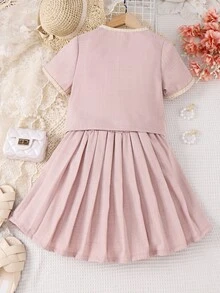 Girls Flap Detail Contrast Trim Blouse & Pleated Skirt - Dusty Pink - View 2