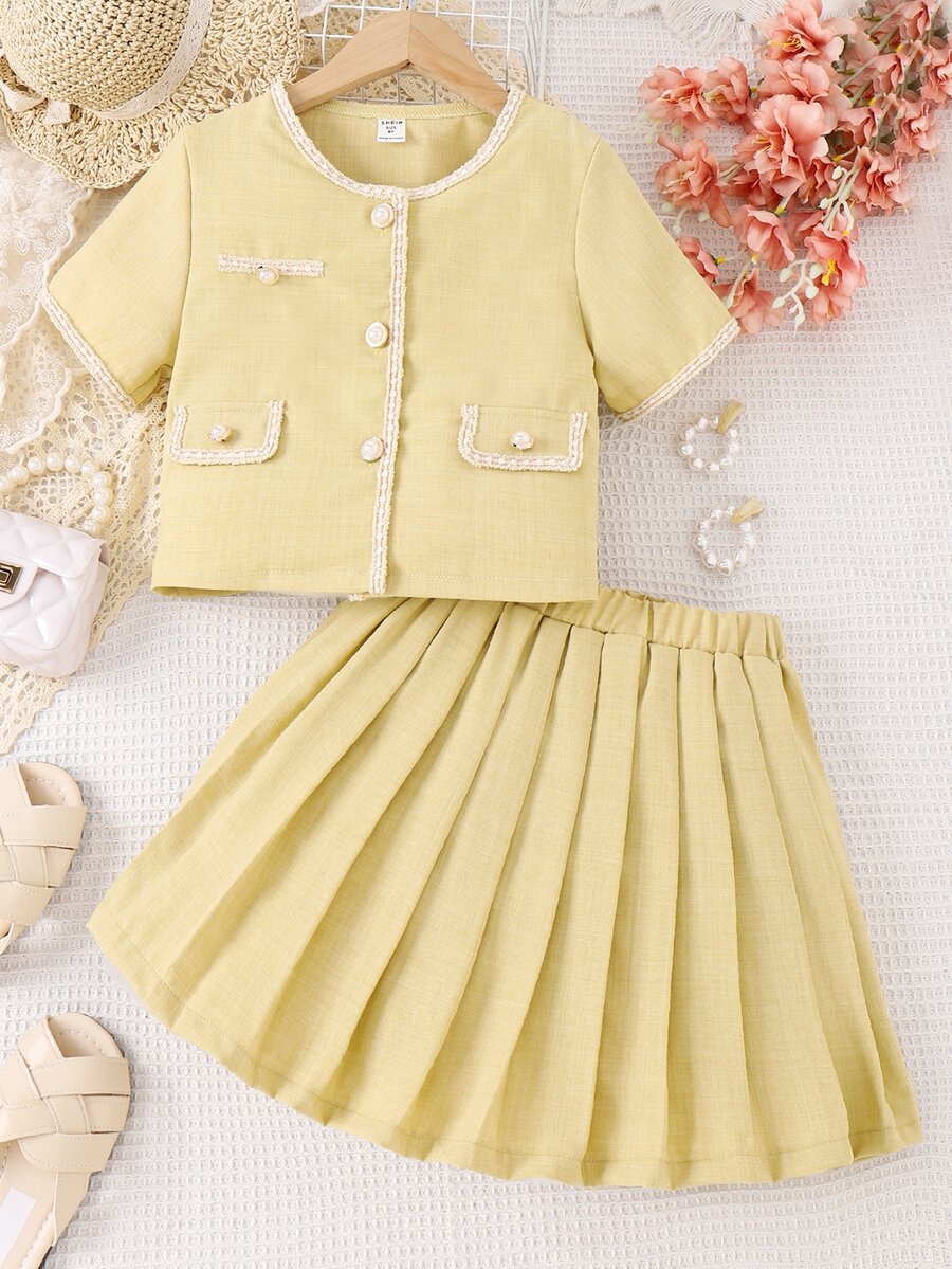 Girls Flap Detail Contrast Trim Blouse & Pleated Skirt - Champagne - View 1