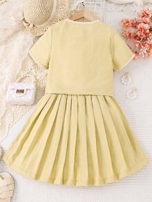 Girls Flap Detail Contrast Trim Blouse & Pleated Skirt - Champagne - View 2