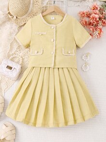 Girls Flap Detail Contrast Trim Blouse & Pleated Skirt - Champagne - View 3