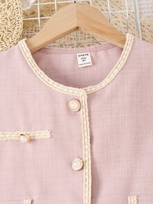 Girls Flap Detail Contrast Trim Blouse & Pleated Skirt - Dusty Pink - View 7