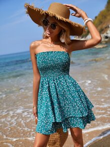 SHEIN VCAY Đầm viền lá sen Viên lá sen phân lớp Dải chun Họa tiết hoa Boho - Nhiều màu - Xem 7