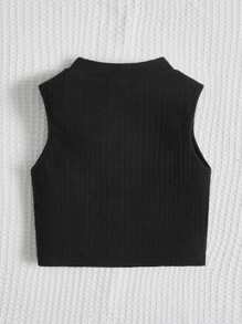 SHEIN Young Girl Bear Patched Ribbed Knit Tank Top - Black - View 2