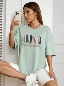 SHEIN EZwear 字母圖案落肩T恤 - 薄荷綠 - 查看 1