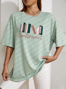 SHEIN EZwear 字母圖案落肩T恤 - 薄荷綠 - 查看 3