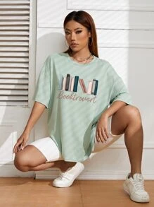 SHEIN EZwear 字母圖案落肩T恤 - 薄荷綠 - 查看 4