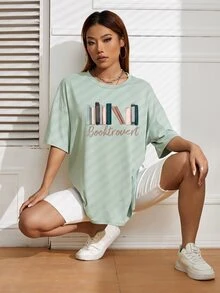 SHEIN EZwear 字母圖案落肩T恤 - 薄荷綠 - 查看 7