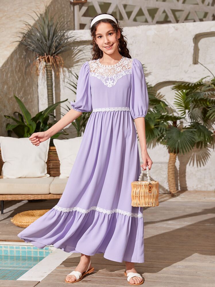 SHEIN Chicas adolescentes Vestido con encaje de manga farol bajo con fruncido - Lila Púrpura - Añade 2