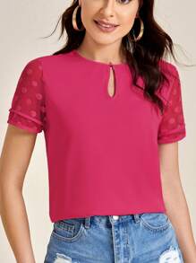 SHEIN Clasi 鎖眼領口圓點袖上衣 - 玫紅色 - 查看 3