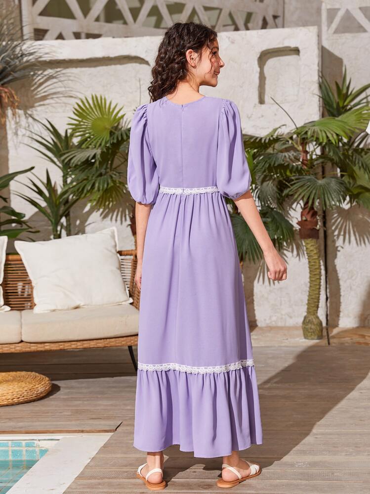 SHEIN Chicas adolescentes Vestido con encaje de manga farol bajo con fruncido - Lila Púrpura - Añade 3
