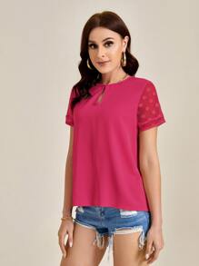 SHEIN Clasi 鎖眼領口圓點袖上衣 - 玫紅色 - 查看 5