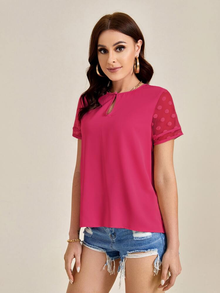 SHEIN Clasi 鎖眼領口圓點袖上衣 - 玫紅色 - 查看 5