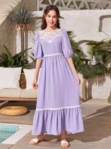 SHEIN Teen Girls Guipure Lace Insert Puff Sleeve Ruffle Hem Dress - Lilac Purple - View 1