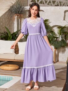 SHEIN Teen Girls Guipure Lace Insert Puff Sleeve Ruffle Hem Dress - Lilac Purple - View 4