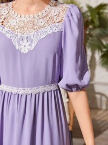 SHEIN Teen Girls Guipure Lace Insert Puff Sleeve Ruffle Hem Dress - Lilac Purple - View 6