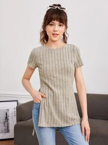 SHEIN Chicas adolescentes Camiseta bajo con abertura tejido de canalé - Caqui - Ver 1