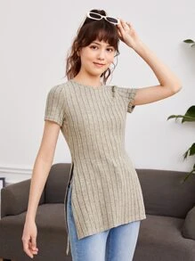 SHEIN Chicas adolescentes Camiseta bajo con abertura tejido de canalé - Caqui - Ver 5