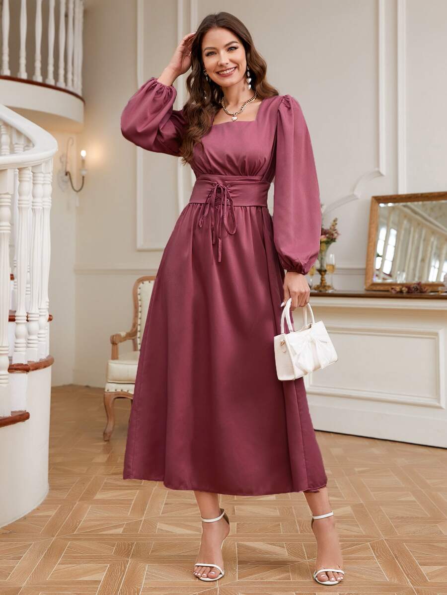 Modelyn Đầm Ren lên Dây kéo Thùa khuyết màu trơn Thanh lịch - Màu đỏ tím - Xem 1