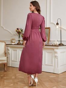 Modelyn Đầm Ren lên Dây kéo Thùa khuyết màu trơn Thanh lịch - Màu đỏ tím - Xem 2