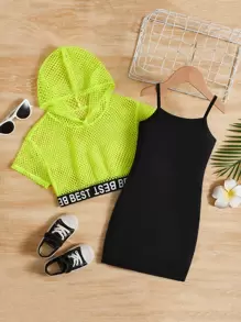 SHEIN 小女童字母織帶漁網連帽T恤和吊帶連衣裙 - 黃色 - 查看 1