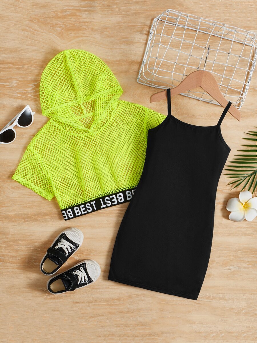 SHEIN 小女童字母織帶漁網連帽T恤和吊帶連衣裙 - 黃色 - 查看 1