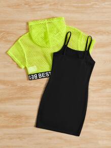 SHEIN 小女童字母織帶漁網連帽T恤和吊帶連衣裙 - 黃色 - 查看 2