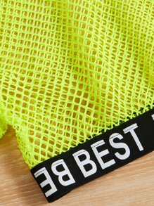 SHEIN 小女童字母織帶漁網連帽T恤和吊帶連衣裙 - 黃色 - 查看 4