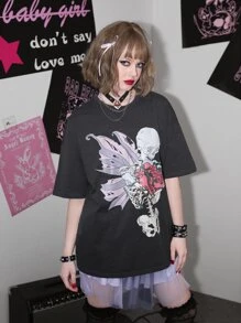 Sweetness Camiseta de hombros caídos con estampado floral con cráneo - Gris Oscuro - Ver 1