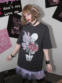 Sweetness Camiseta de hombros caídos con estampado floral con cráneo - Gris Oscuro - Ver 2