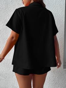 Flirla Bộ thời trang Plus Size Nút phía trước Thắt nút màu trơn Giải trí - màu đen - Xem 2