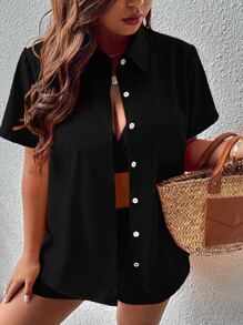 Flirla Bộ thời trang Plus Size Nút phía trước Thắt nút màu trơn Giải trí - màu đen - Xem 3