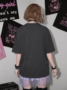 Sweetness Camiseta de hombros caídos con estampado floral con cráneo - Gris Oscuro - Ver 5