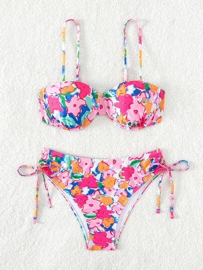 Floral Print Underwire Tie Side Summer Beach Bikini Set