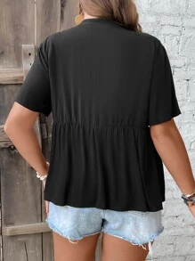 SHEIN LUNE 大碼花卉刺繡繫帶領荷葉邊下擺襯衫 - 黑色 - 查看 2