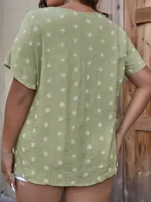 SHEIN LUNE Blusa con bordado con ojal de manga murciélago - Verde - Ver 2