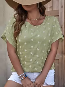 SHEIN LUNE Blusa con bordado con ojal de manga murciélago - Verde - Ver 5