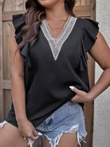 SHEIN LUNE 大碼拼接水溶蕾絲蝴蝶袖襯衫 - 黑色 - 查看 1