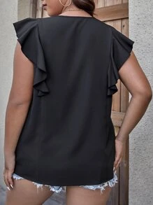 SHEIN LUNE 大碼拼接水溶蕾絲蝴蝶袖襯衫 - 黑色 - 查看 2