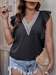 SHEIN LUNE 大碼拼接水溶蕾絲蝴蝶袖襯衫 - 黑色 - 查看 3