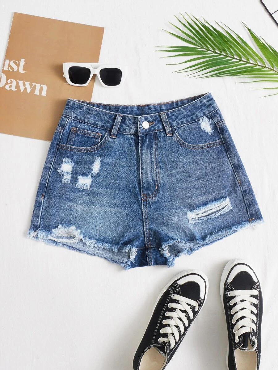 SHEIN EZwear 破洞毛邊牛仔短褲 - 中等水洗藍 - 查看 1