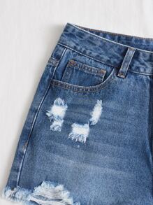 SHEIN EZwear 破洞毛邊牛仔短褲 - 中等水洗藍 - 查看 5