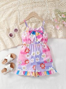 Toddler Girls Colourblock Cartoon Graphic Bow Front Ruffle Hem Cami Romper - Multicolor - View 1