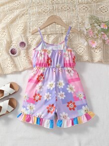 Toddler Girls Colourblock Cartoon Graphic Bow Front Ruffle Hem Cami Romper - Multicolor - View 2